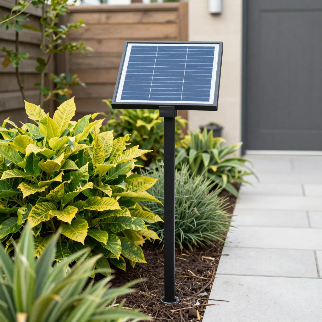Color-changing solar stake glowing at dusk