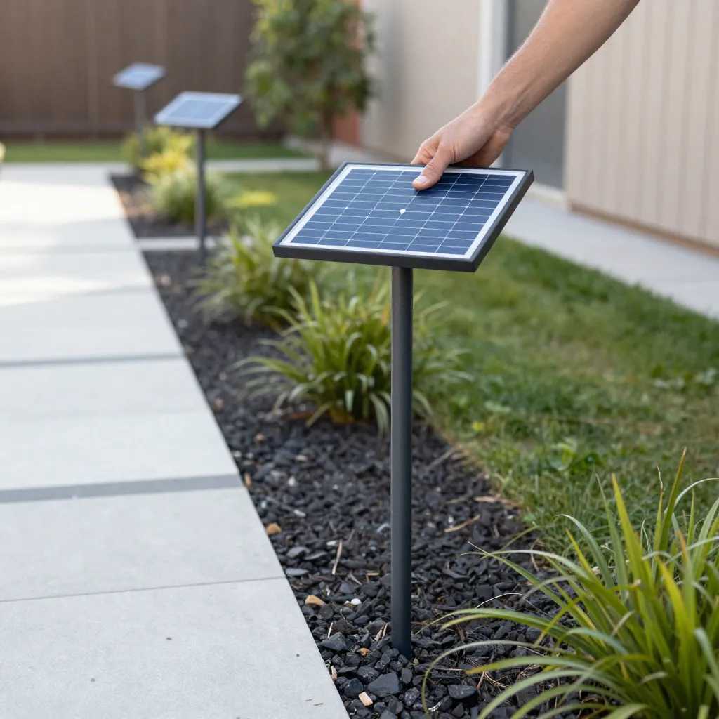 Solar panel on stake charging in sun