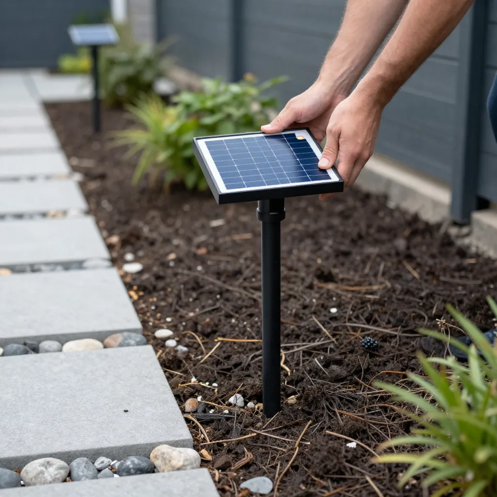 Pathway lined with solar lights at dusk